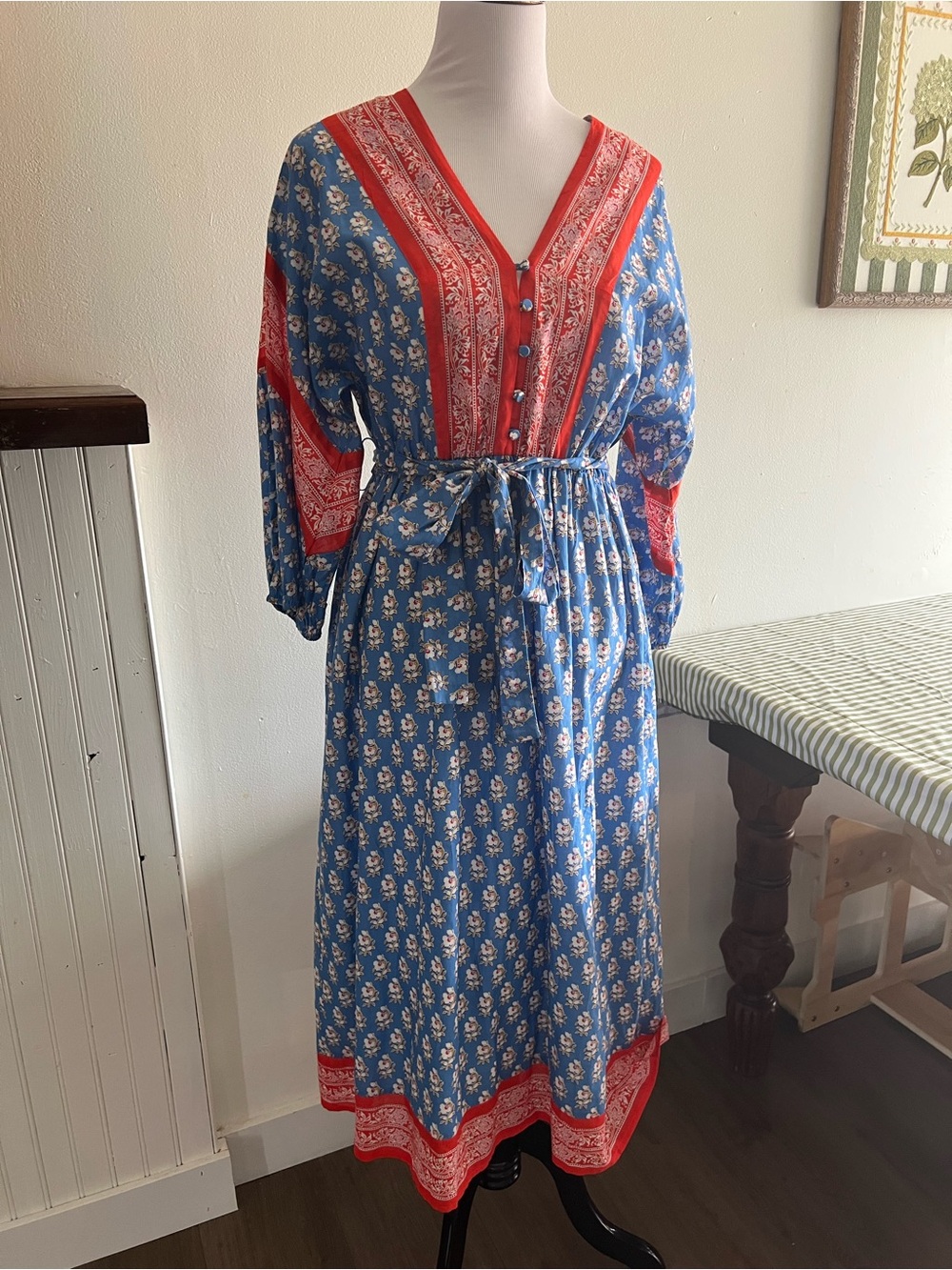 J. Crew Beach Wear Blue Floral Midi Dress with Red Trim and Tie Waist